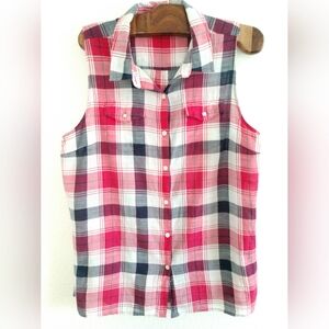 Great Northwest Indigo Sleeveless Shirt Plaid Check Pink Blue XL Chest 46"
